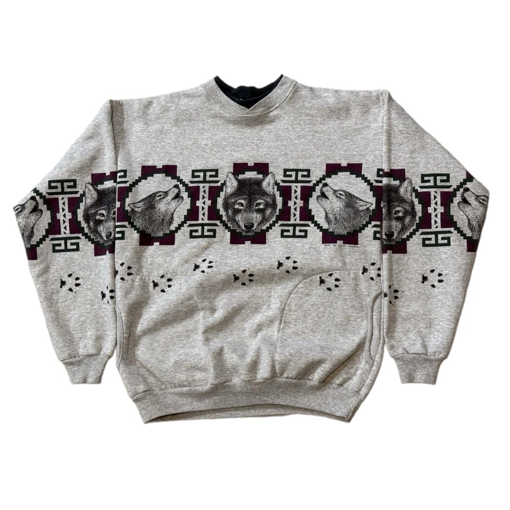 Vintage 1993 Art Unlimited Wolf Graphic Sweatshirt Mens Large Gray Southwest 90s